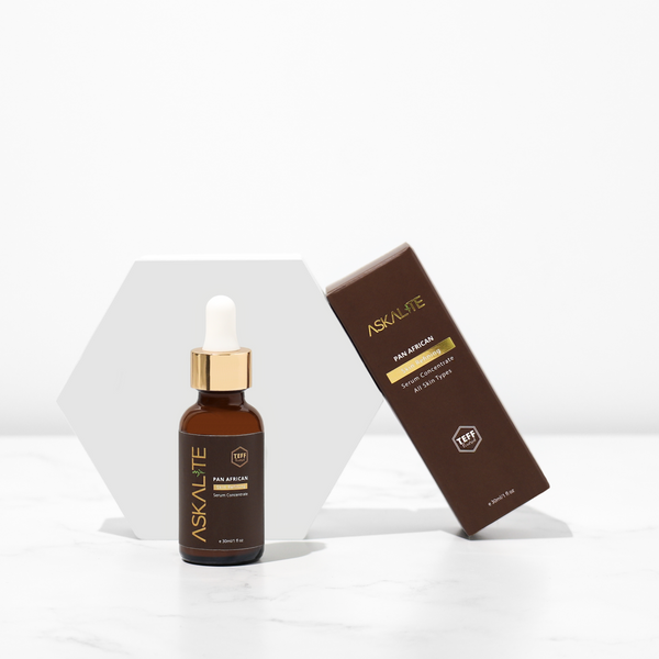 Dark spot serum from Askalite Formula Pan African Refining Serum Concentrate formulated with ceramides, rose extract, argan oil and Teff-peptides from Ethiopia